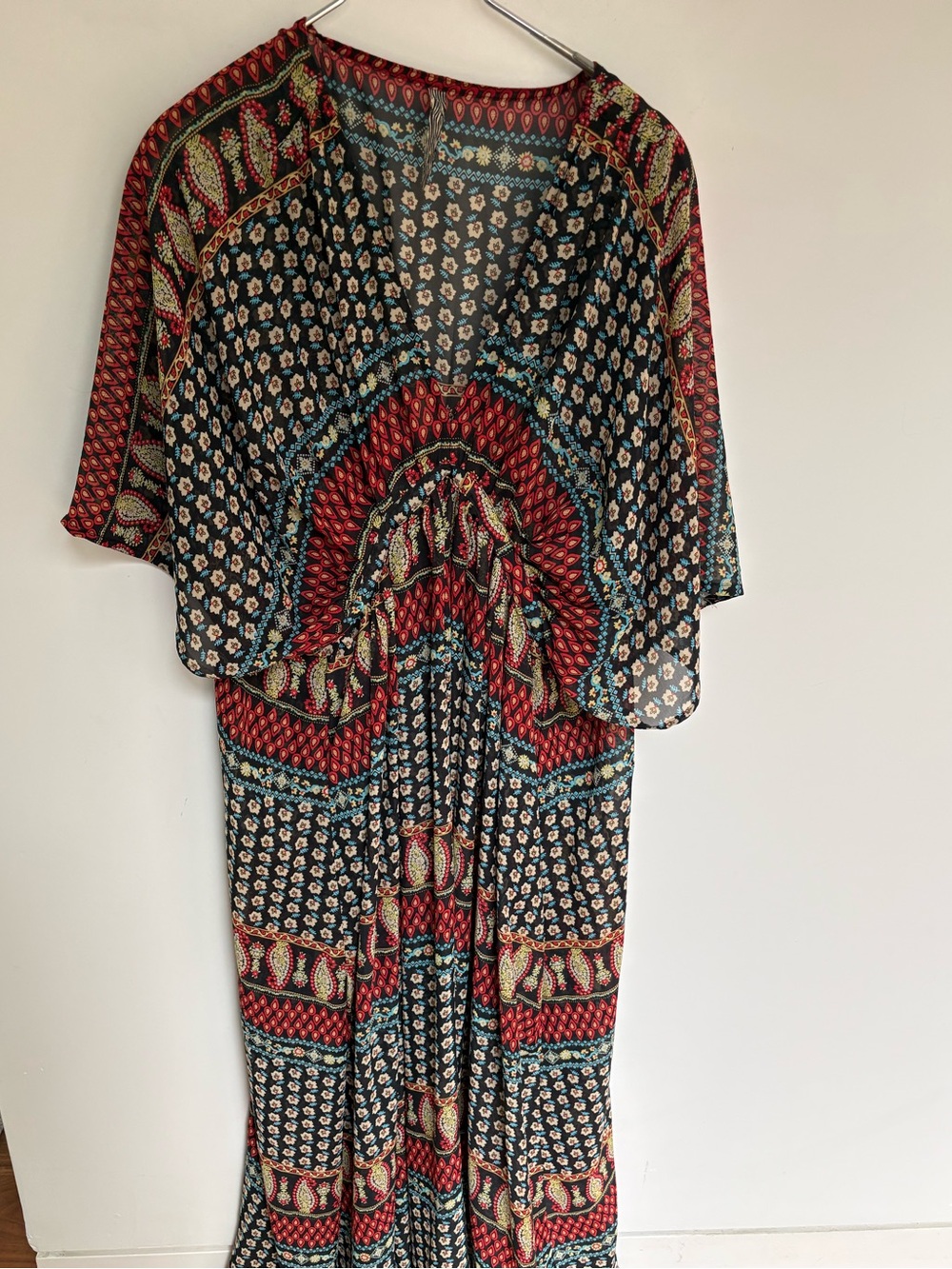 Vintage Red and Black Patterned Maxi Dress Caftan Muumuu O/S